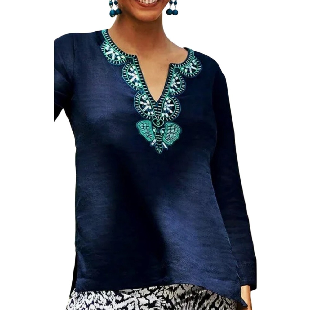 Lilly Pulitzer Amelie Island XXS navy blue 100% Linen tunic. Beautiful beading.
